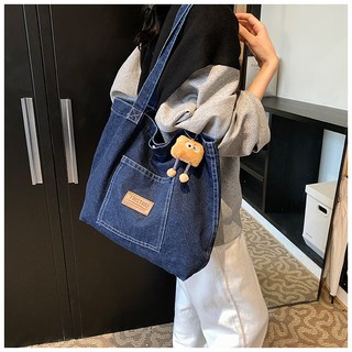 Aesero 에코백 데님 포켓 심플 데일리 패션 캔버스백 가죽라벨 키링 대용량 빈티지 가방