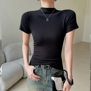 MHJINA 여성 여리한 볼륨 슬림 모달 캡소매 하프넥 반목 반팔 티셔츠