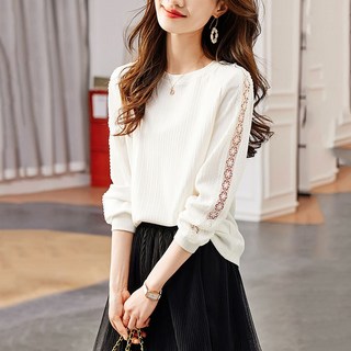 ROYALBELLE 여성 긴팔 티셔츠 트렌디 펀칭 레이스 루즈핏 라운드넥 심플 상의 Y070602