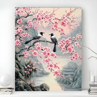 돈들어오는 보석십자수 액자 캔버스형 DIY 키트 풍경 동물 꽃식물 풍수 그림 선물용 객실 인테리어 거실 장식 수제 비즈 십자수 40x50cm, 1개, PK-05 매화꽃 까치