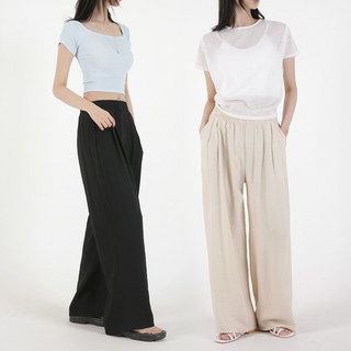 [오버나인] 여자 여성 페이크 린넨 핀턱 주름 와이드 팬츠 롱 바지