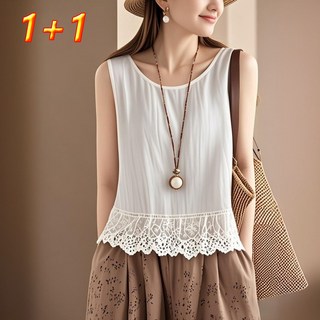 WEIHAN 1+1 여성 레이어드 레이스 프릴 라운드 나시티 캐주얼 민소매 티셔츠