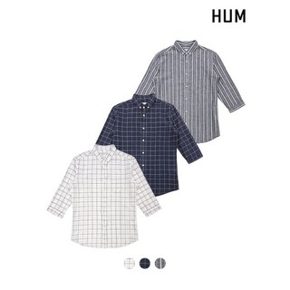HUM 남 코튼린넨 윈도우 체크 7부 셔츠 FHNMCSS122P