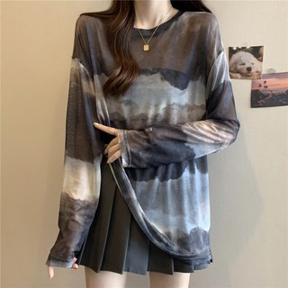 ROYALBELLE 여성 레이온 루즈핏 긴팔티 타이다이 무지 레이어드 라운드넥 티셔츠 D0040344