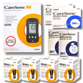 케어센스N 혈당측정기+시험지200매+침200개+솜200매 혈당 당뇨 체크기 검사기 관리 혈당기 혈당계, 1개