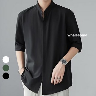 whalesome 남성 여름 구김없는 차이나 카라 셔츠 남자 헨리넥 반팔셔츠 빅사이즈