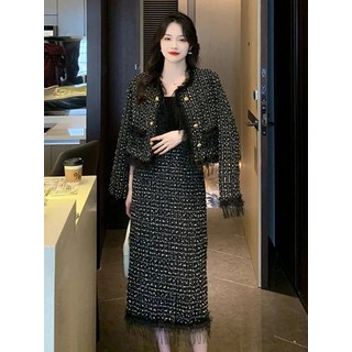 고급 태슬 장식 트위드투피스 세트 단정한 하객룩