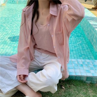 하모니아 여성 시스루 셔츠 남방 루즈핏 썸머 긴팔 블라우스 여름 간절기