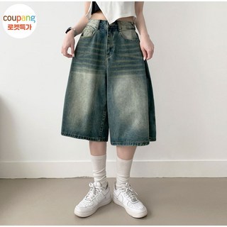 부기샵 카야 5부 데님 사이드핀턱 캣브러쉬 워싱 와이드 버뮤다 팬츠