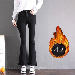 ROYALBELLE 여성용 기모 데님팬츠 하이웨스트 플레어 팬츠 슬림핏 청바지 스판 편안한 긴바지 D0112104