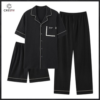 크레스티 남성 인조 면화 시원한 루즈핏 잠옷 바지 간략하다 부드러운 반팔 홈웨어 3종 세트