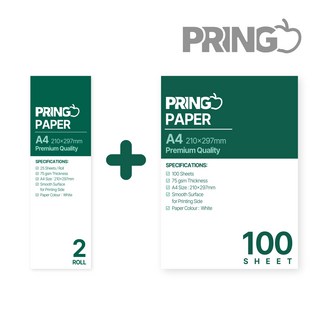 프링고 PRINGO 1+1 2+2 감열용지세트 가정용 휴대용 휴대폰 핸드폰 모바일 무선 블루투스 미니 소형 포터블 잉크없는 노잉크 즉석 열전사 프린터기 프린트기 A4 시트 롤 종이, 1세트