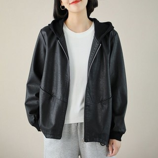 빛깃닥 여성 가죽 재킷 후드 집업 춘추 루즈핏 바람막이 점퍼