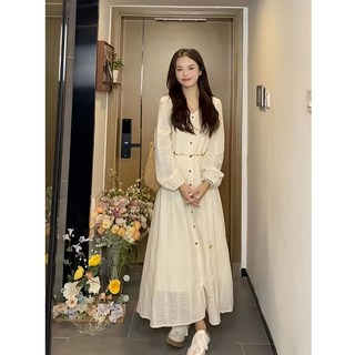 여성 펀칭 레이스 원피스 아일렛 펀칭 롱 원피스