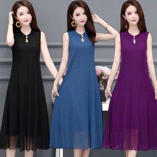 망사 하이넥 중년원피스 휴양지 플레어 민소매 나시원피스 여름 부드러운 치마