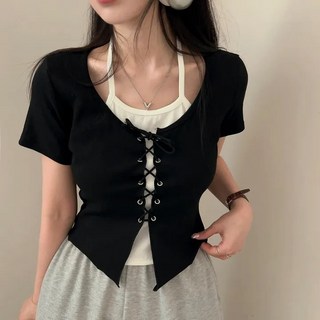 쪼예 봄 여름 배색 페이크 투피스 홀터 코르셋 반팔 크롭 티셔츠