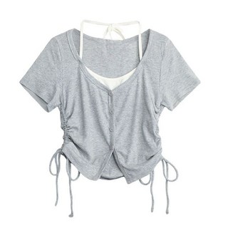 메이리앤 옆셔링 홀터넥 페이크 나시 레이어드 크롭 반팔 티셔츠