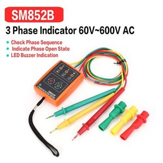 디지털 위상 표시기 감지기 LED 버저 위상 시퀀스 계량기 전압 테스터 SM852B 3 상 회전 테스터 60V ~ 600V AC, 1개