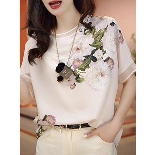 여성 여름 반팔 실크 블라우스 플라워 프린트 우아한 스타일 탑 Z10