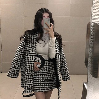여성용 레트로 하운드투스 트위드투피스 세트