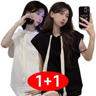 1+1 2종세트 여성 베스트 후드 조끼 여성 루즈핏 민소매 후드 오버핏 맨투맨 캐주얼 풀오버 트레이닝 나시티