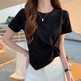 여성 베이직 라운드넥 언발 꼬임 셔링 반팔 티 W655