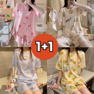 1+1 (2세트) 캐릭터 라운드 반팔 상하세트 여성 잠옷 파자마 홈웨어 수면 엘리마켓
