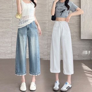 723 / 키작녀 여성7부 8부 청바지 스판데님 밑단레이스 세미와이드 일자핏