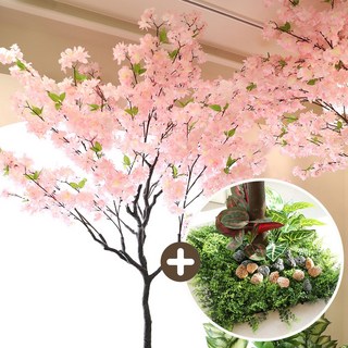 인테리어 대형 인조 조화나무, 1세트, 구름벚꽃 내츄럴목대 받침형 220CM_허브라인잔디