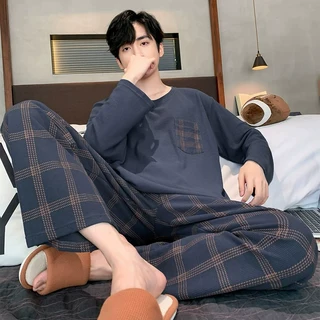 FINE ART 남성용 클래식 사계절 긴팔 상하의 잠옷 빅사이즈 스판 체크 파자마 투피스 파자마