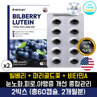HnF 엔젯오리진 빌베리 루테인 토탈아이케어600 눈노화 눈피로 야맹증개선 100%미국직수입 식약처인증, 1회분, 60개