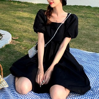 U&EARTH 반팔 스퀘어넥 벌룬 소매 루즈핏 미니 원피스