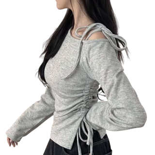 에리르 여성 봄 가을 스트랩 원숄더 셔링 긴팔 오프숄더 루즈핏 티셔츠