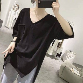 쁘띠꼬모 여성 브이넥 트임 면 티셔츠 여름 루즈핏 롱 반팔티 H521301