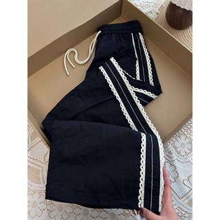 카고바지 레이스 캐주얼 바지 여성용 와이드 레그 얇은 허리 밴딩 여유로운 팬츠