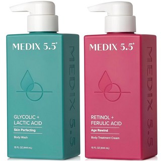 메딕스 5.5 각질 제거 AHA 글리콜산 페이스 & 바디 워시 클렌저 + 레티놀 보습 바디 크림 로션 스킨 케어 2PC 세트 | 알파 하이드록시산 및 젖산 발포 페이스 워시 2P, 6 Exfoliating Foam Wash + Reti, 15 Fl Oz (Pack of 2), 2개