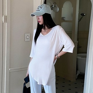 유야 6컬러 레이온 스판 무지 브이넥 언발 반팔 롱 티셔츠 기본티 레이어드 이너티 -TS0179H- 빅사이즈 루즈핏 여성 봄 여름