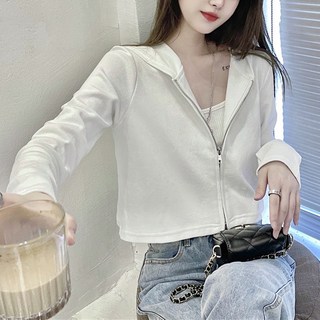 cammello 무채색 후드 짚업 긴팔 크롭티