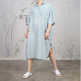여성 케미 피그먼트 면린넨 반오픈 카라 반팔 원피스