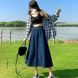 크레스티 여성용 춘하 데일리 롱 데님 스커트 빅사이즈 캐주얼 A라인 청치마