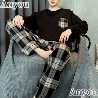 ANYOU 남성 봄 가을 겨울 격자 파자마 수면잠옷 상하세트 홈웨어