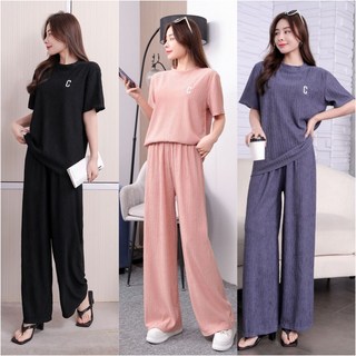 Novastar 여름 여성 플리츠세트 트레이닝세트 반팔티 와이드팬츠 세트캐주얼 운동복세트