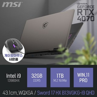MSI 소드 17 HX B13VGKG-i9 QHD [게이밍마우스 & 패드 증정], WIN11 Pro, 32GB, 1TB, 블랙