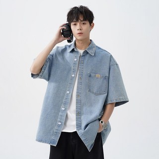 HANYO 남성 빈티지 워싱 캐주얼 루즈핏 데님 반팔 셔츠