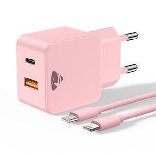 요소테크놀로지 38W 듀얼포트 USB C타입 PPS 초고속 PD 충전기 컬러 C타입 to 8핀 케이블 1m 실리콘 케이블 세트 (20W+18W 동시 사용), 1개, 분홍색