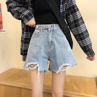 ROYALBELLE 여성 하이웨스트 와이드핏 찢청 데님 버튼 와이드 숏팬츠 A0041418