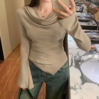 언발 보트넥 오프숄더 셔링 드레이프 긴팔 여성 슬림 스판 티셔츠