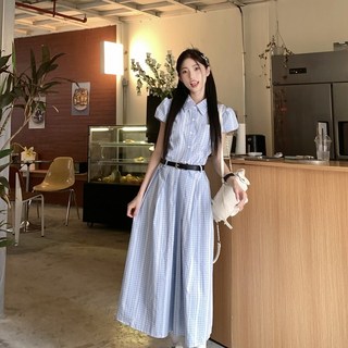 ANYOU 여성 원피스 허리 조임 롱 푸른색원피스 스트라이프셔츠원피스 하객원피스