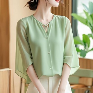 ROYALBELLE 여성 우아한 세련된 블라우스 편안한 고급스러운 데일리 반팔 시폰 블라우스 F0031417