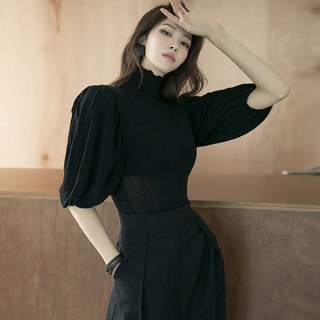 딘트 [딘트] E2291 폴스 터틀넥 핀턱 슬리브 볼륨 탑 620368